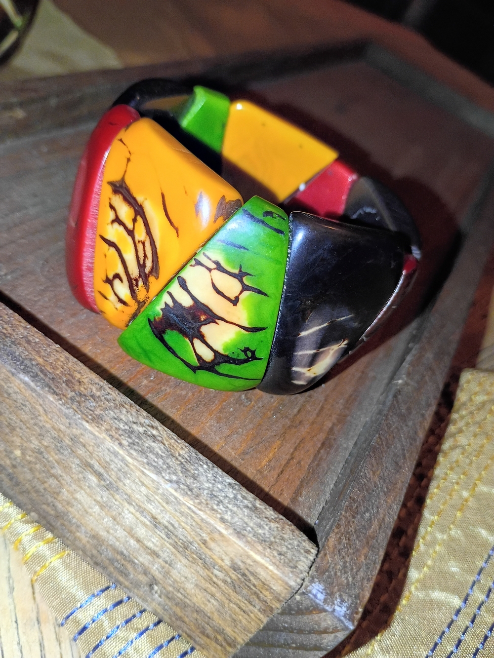 Tagua Nut Multi-Color Boho Stretch Bracelet — Red, Yellow, Brown & Green